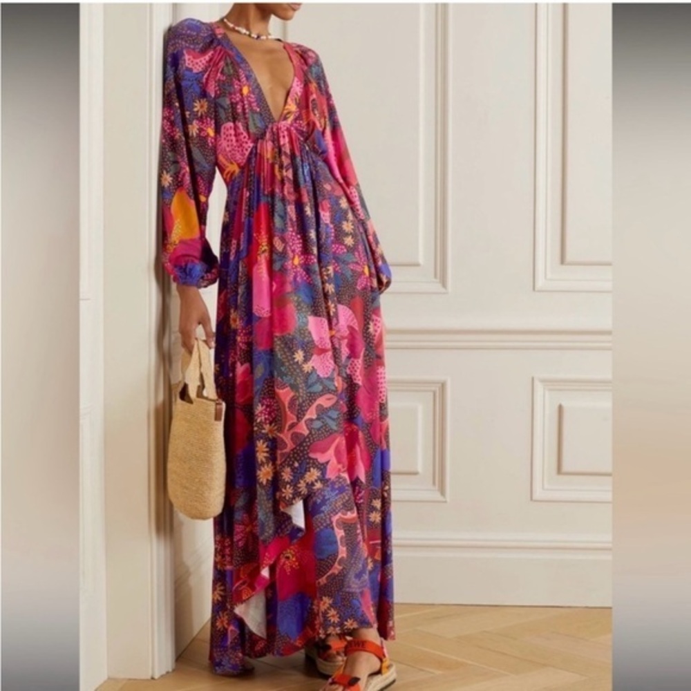 Farm Rio Maxi Dress Snake Garden Floral Print Balloon Sleeve V Neck